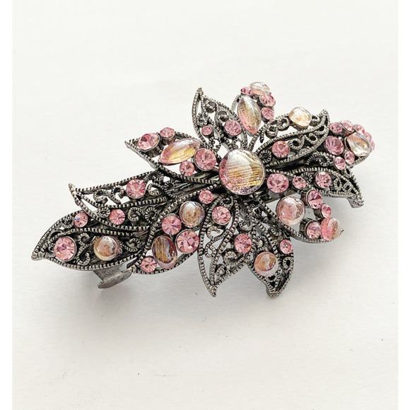 Pink Iridescent Crystal Flower Barrette - Picture 2 of 3